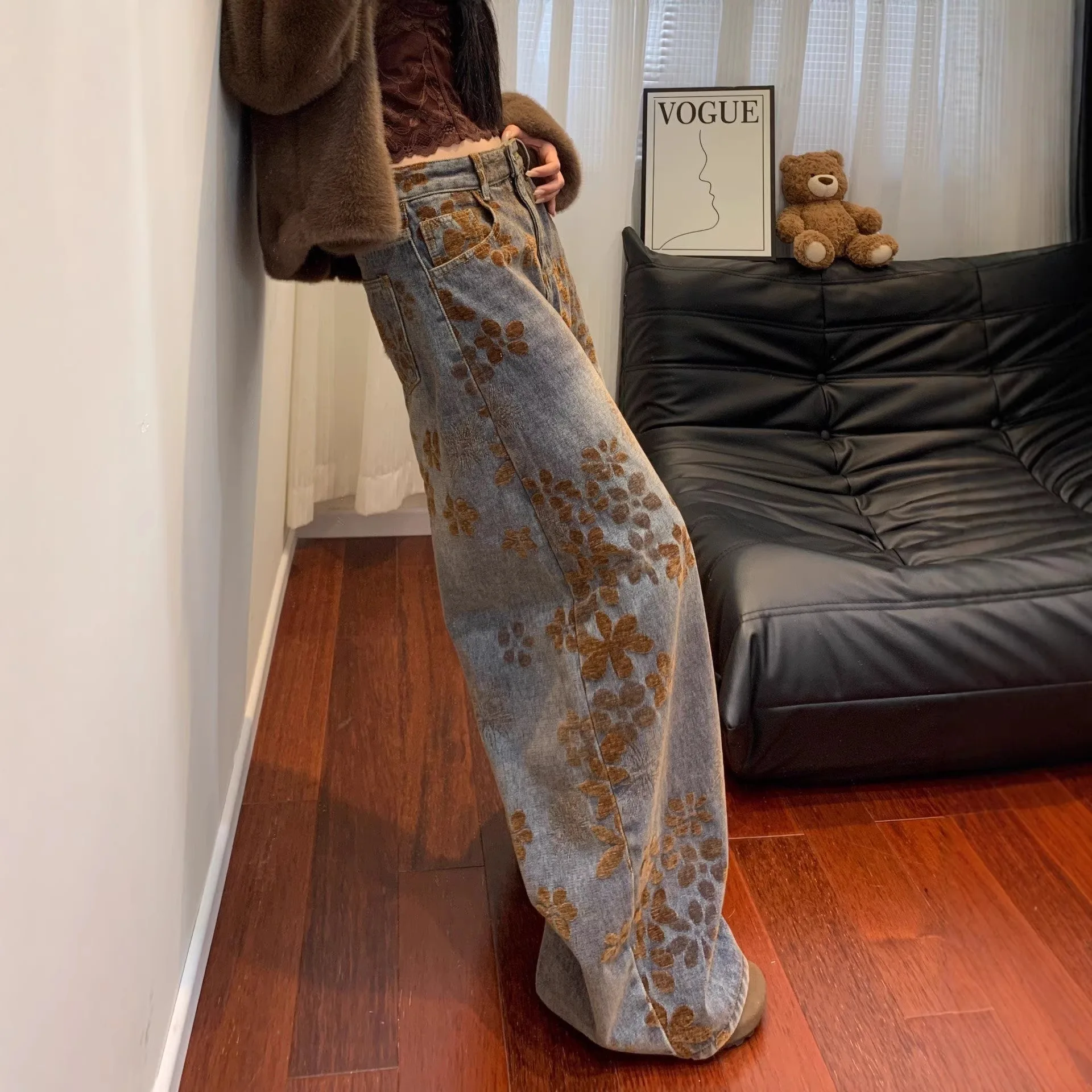 Retro Jacquard Jeans Women's Spring and Autumn New Style High Waist Design Slim and Loose Wide Leg Pants