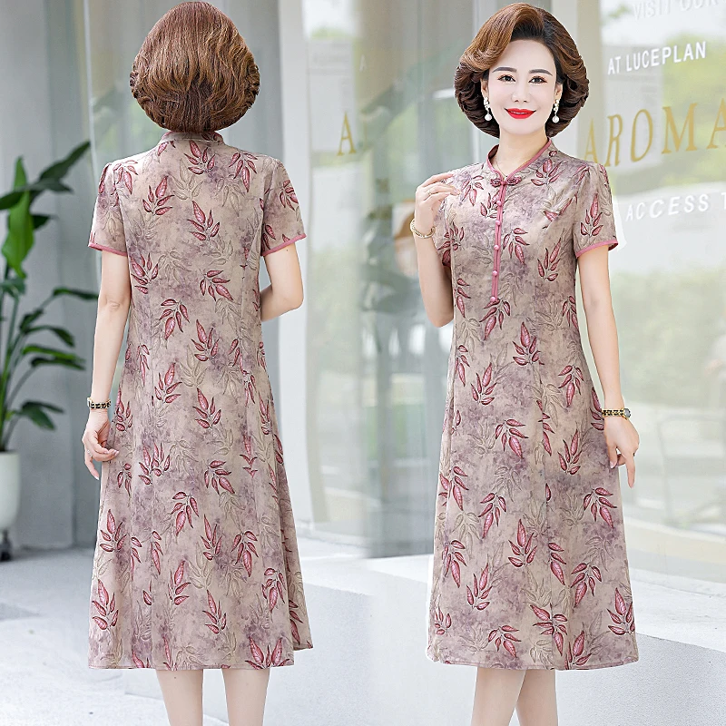 Cheongsam-vestido de seda con estampado Floral para mujer, traje informal ajustado de manga corta para verano