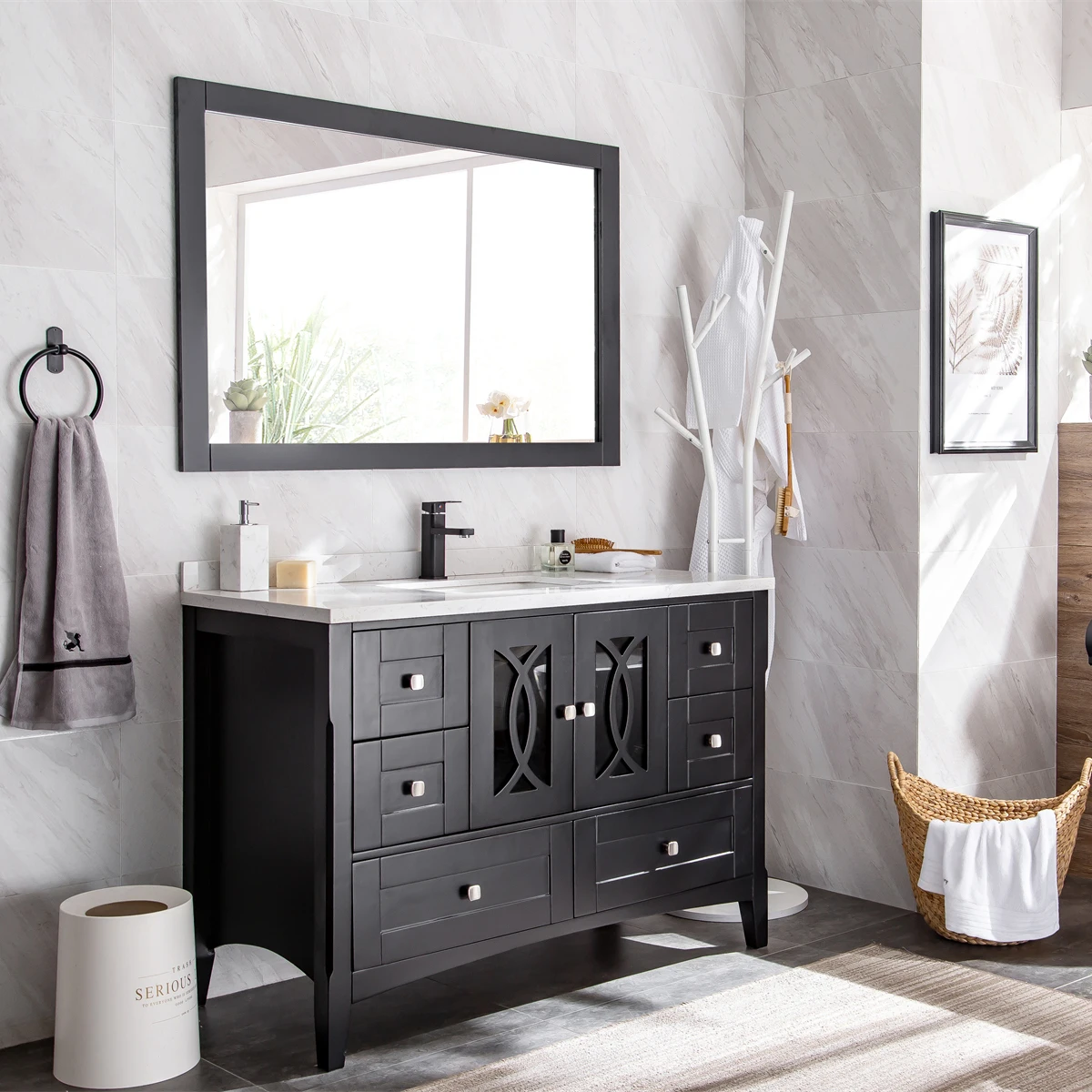 ！@Wood Basin Lavatory Cabinet Vanity Waterproof Water Resistant Ceramic Basin High-quality Floor Standing Home Hotel Bathroom