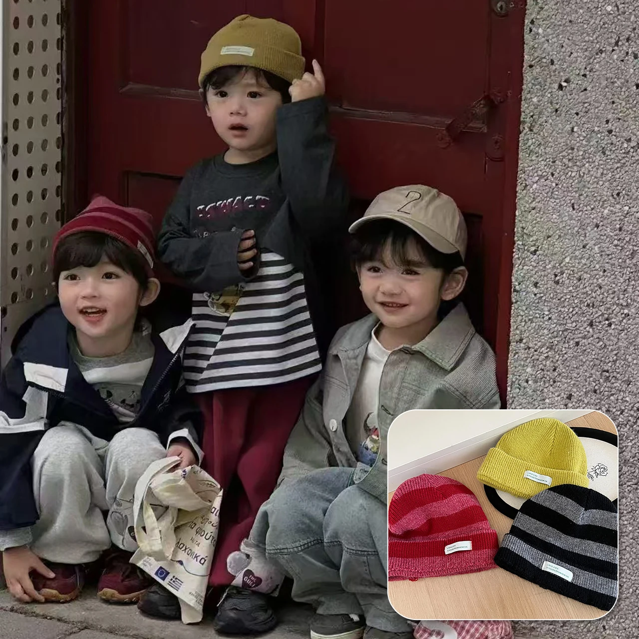 Винтажная модная полосатая детская шапка, зимняя теплая мягкая вязаная хлопковая пуловер, ветрозащитная шапка для мальчиков и девочек, шапочки для малышей, капот