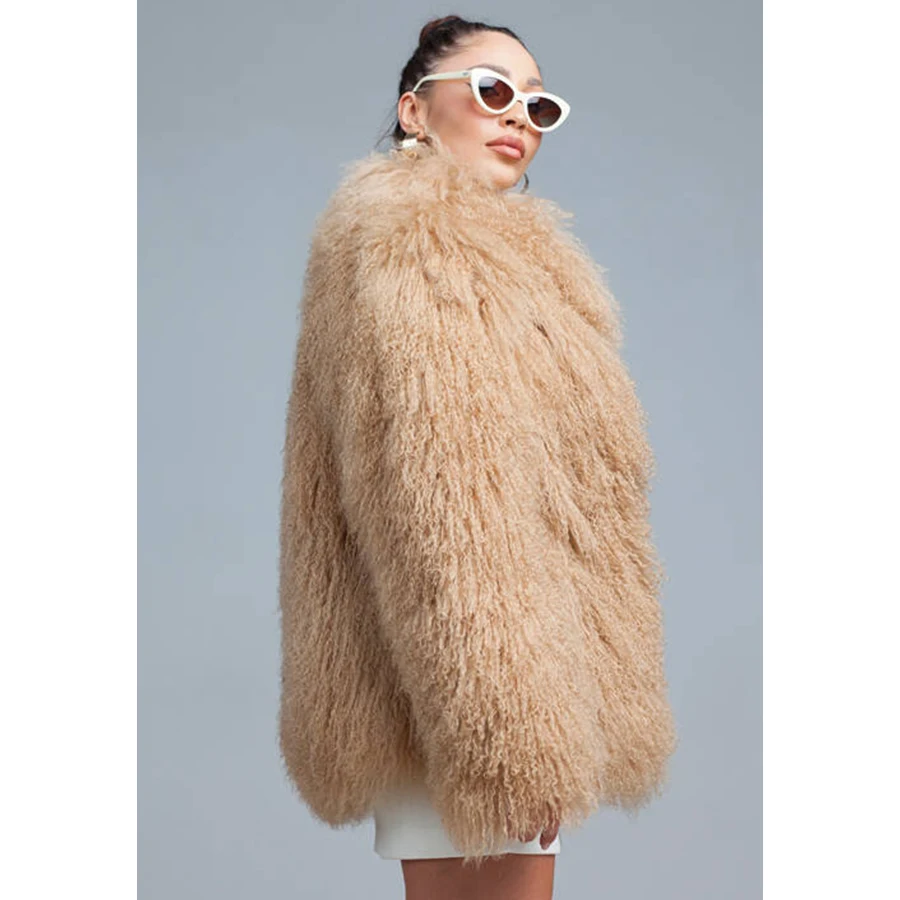 Genuine Mongolian Fur Coats Natural Sheep Fur Coat With Turndown Collar Brown Real Fur Jackets Winter Coats For Women