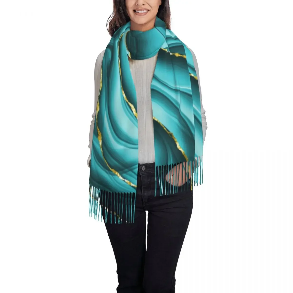 Teal And Gold Abstract Ink Scarf Wrap for Women Long Winter Fall Warm Tassel Shawl Unisex Texture Marble Geometric Scarves