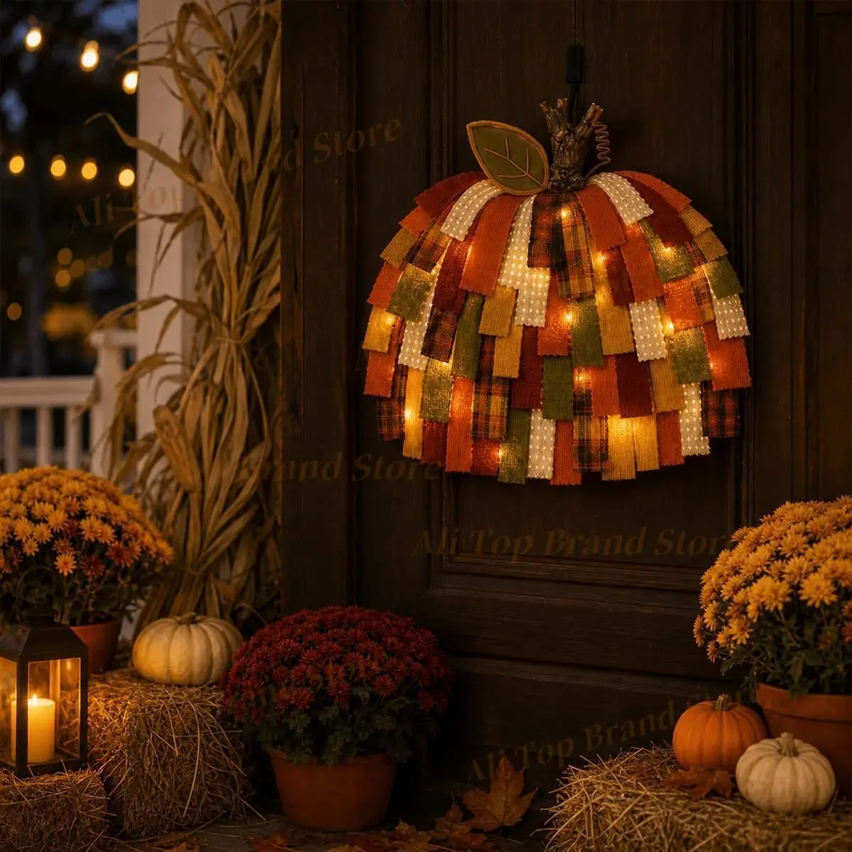 New Autumn Harvest Home Decor Rustic Patchwork Pumpkin Decoration Plaid Polka Dot Fabric Fall Wreath Autumn Harvest Front Door