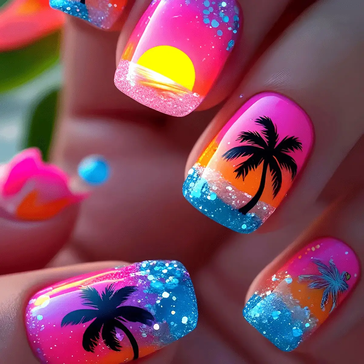 

24 Pcs Removable Press On Nails, Summer Sunset Coconut Tree Pattern Fake Nails, Easy Wearable Nail Tips for Women