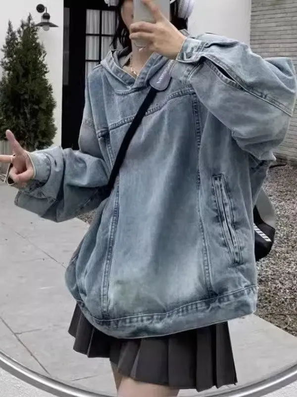 

American Sle Loose Fit Hoodie Jaet Women's Casual Wear Waed Denim Oversize Sweatirt Coat White Waed Overhead