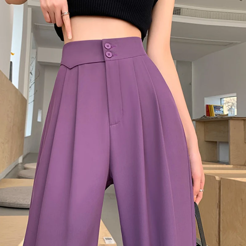 Purple Elegant Suit Pants Summer Women Thin Irregular High Waist Casual Loose Ice Silk Wide Leg Office OL Black Suit Pants 2023