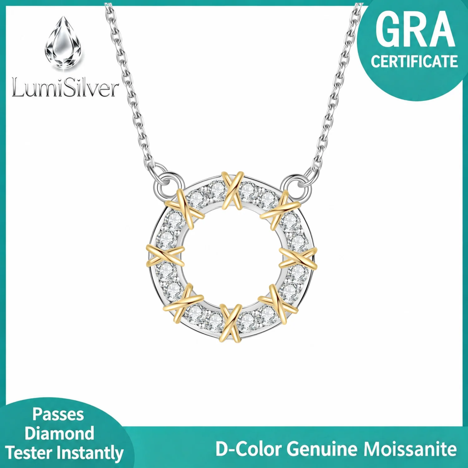 S925 Sterling Silver Two-Tone Pave Moissanite Hollow Circle Pendant Necklace Dainty Women Fine Jewelry