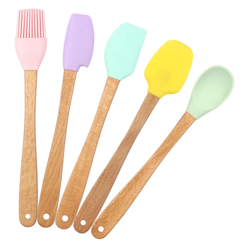 1/5Pcs Mini Baking Cake Spatula Batter Pastry Blenders Wooden Handle Cream Scraper Butter Spreader Kitchen Barbecue Oil Brush