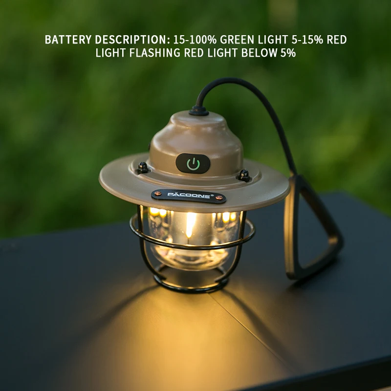 PACOONE Retro Portable Camping Lantern IPX4 Waterproof Emergency Light Stepless Dimmable Hanging Tent Lamp for Outdoor Hiking