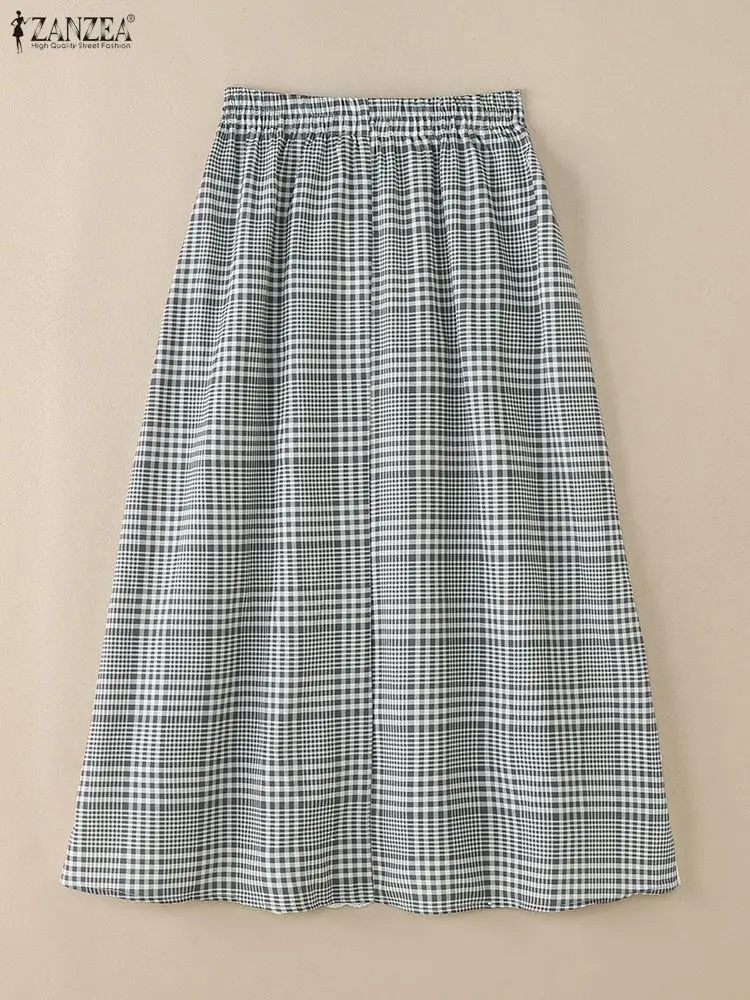 ZANZEA 女性ファッションレースパッチワークチェック柄ロングスカートエレガントな弾性ウエストフリルトリムチェック A ラインスカート女性カジュアルウェア
