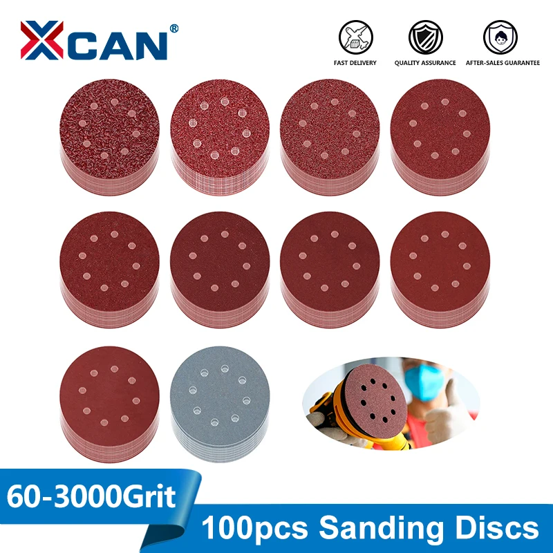 XCAN Ronde Schuurpapier Schijf 100 stks 125mm/5 Inch Schuurschijven 8 Gaten Haak Lus Schuurpapier Zand vel Polijsten Tool Set