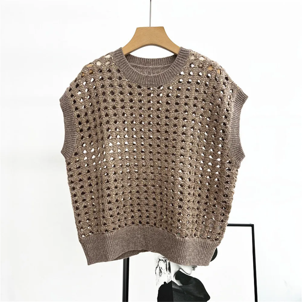 25 ใหม่เสื้อแขนกุดคอกลมกลวงเลื่อมถักเสื้อกั๊กผู้หญิง