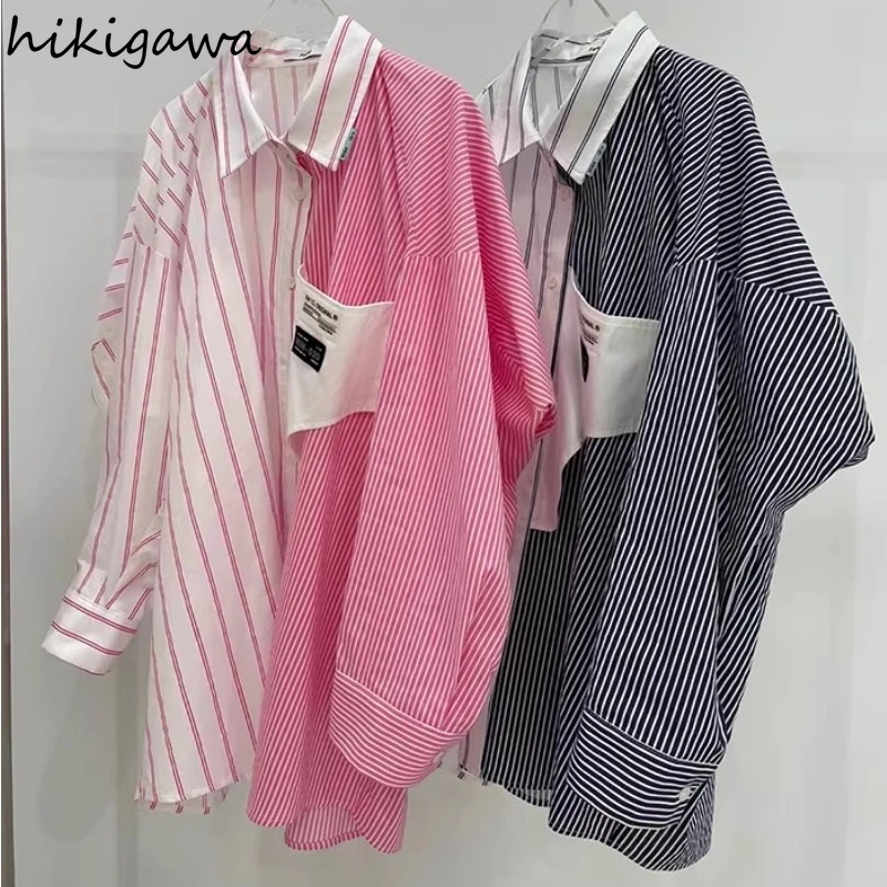 Y2k Blouses for Women Fashion Irregular Contrast Color Striped Shirts Oversized Tops Casual Korean Blouse Camisas De Mujer 2024