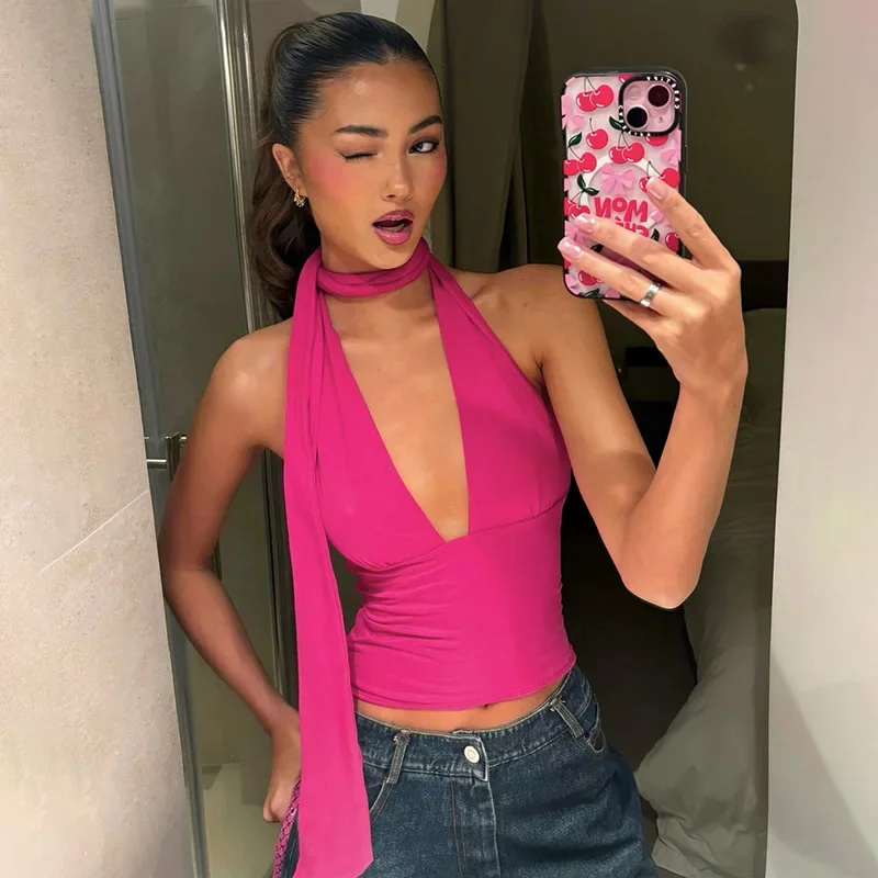 Sexy Cute Women Pink Low-cut Bustiers Crop Tops Backless Halter Tank Vest Party Lady Deep V Neck Bandage Bow Tanks Vests Summer