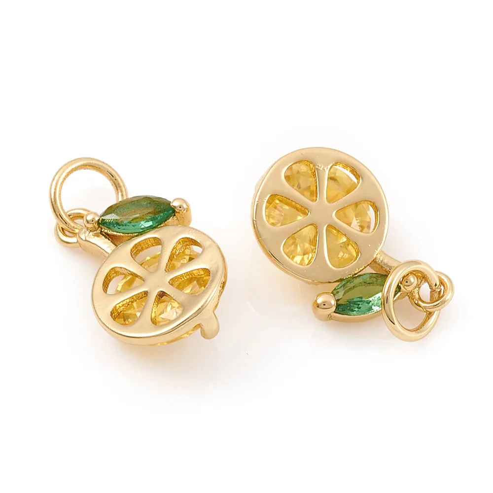 1 pieza de dije de limón de latón con micro pavé de circonita cúbica y anilla de engarce, color amarillo y verde, chapado en oro real de 18K, para collar DIY de mujer.