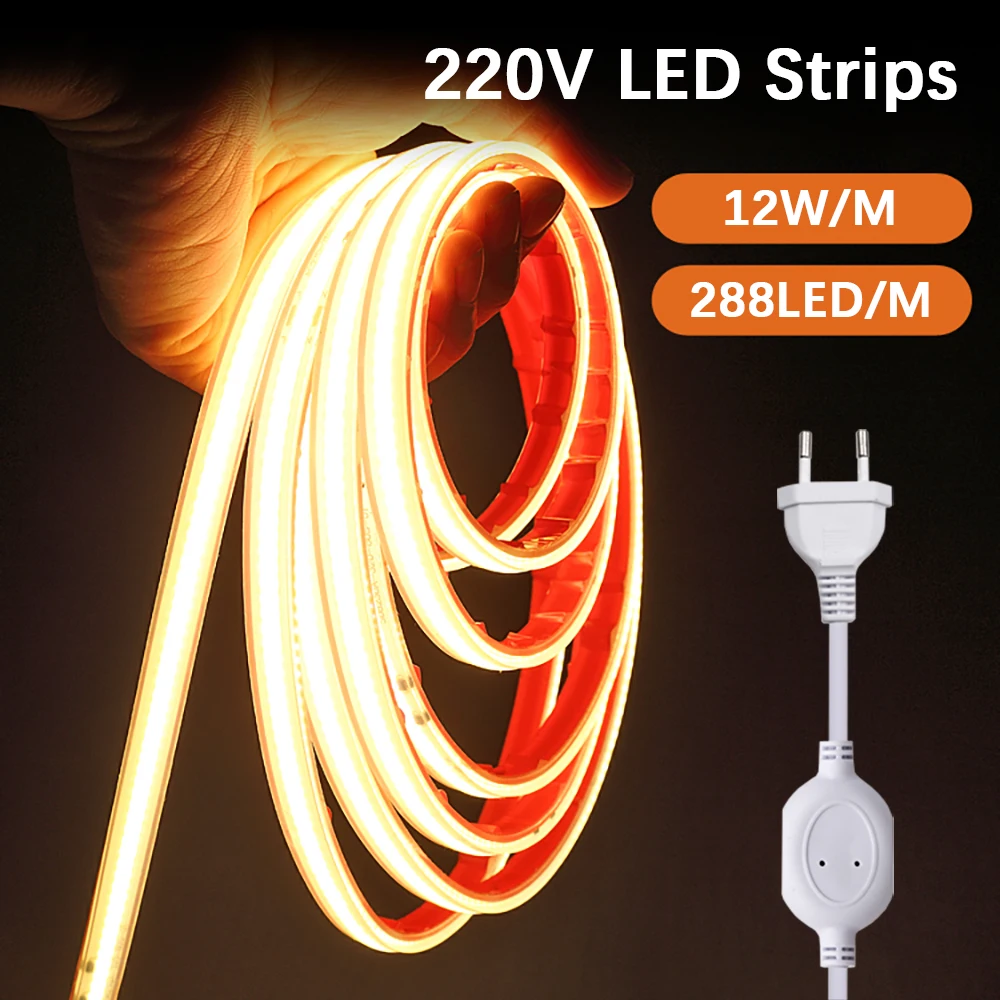 COB LED Strip Light 220V High Brightness IP68 Waterproof 50cm Cuttable 12W/M With 1.2m Power Cord For Home Living Room Lighting