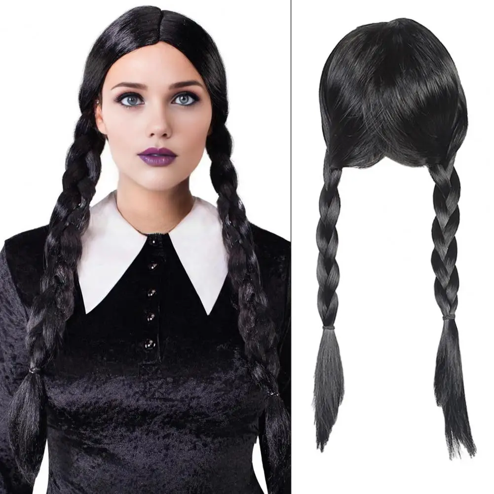 

60cm Women Black Double Braided Wig With Bangs Fluffy Natural-look Silky High Temperature Fiber Cosplay 2 Braids Synthetic Hair