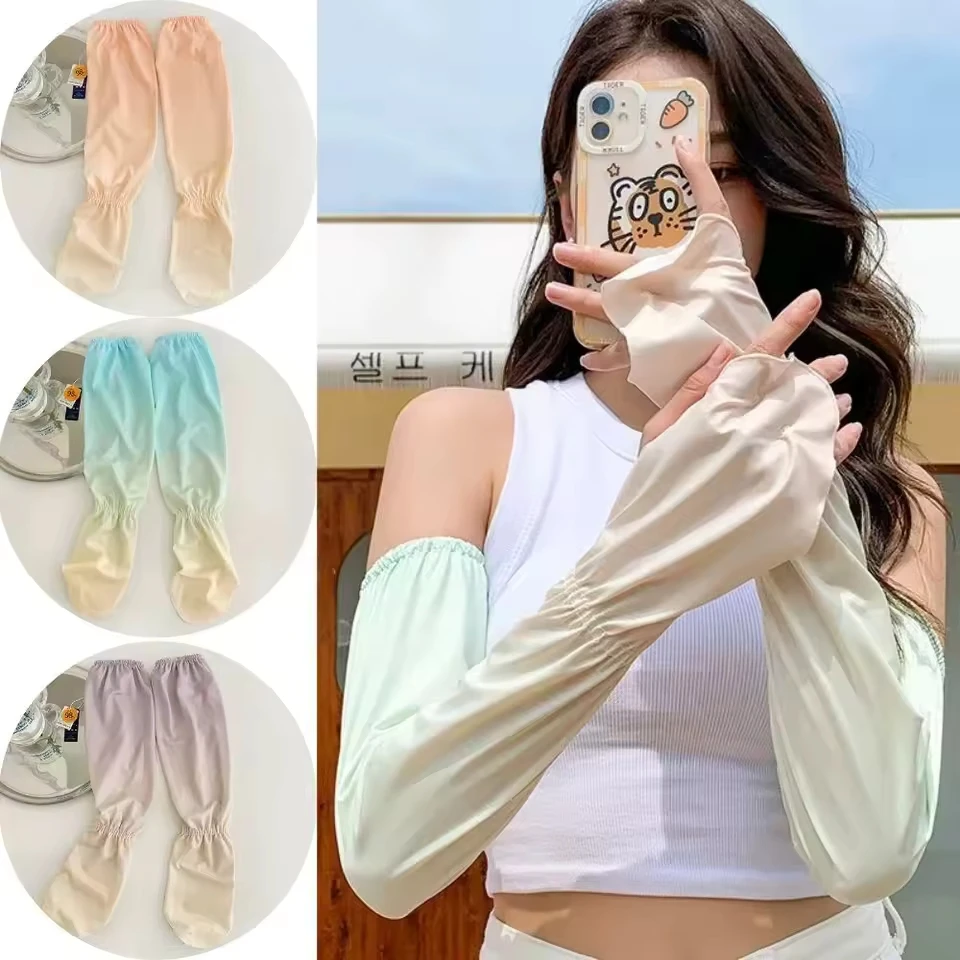 

Women Sun Protection Oversleeve with Finger Soft Cool Ice silk Detachable Arm Cover Fashion Gradient Candy Color Sleeve Cover