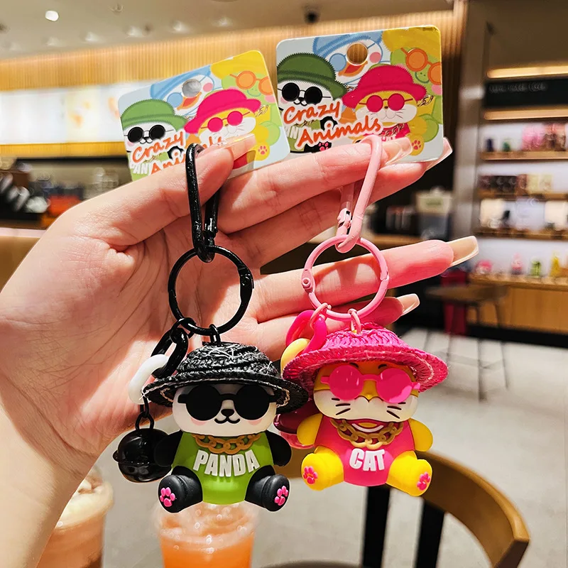 Crazy Zoo Straw Hat Panda Cat Keyring Cool Tide Music Festival Animal Doll Pendant Keychain Charm Backpack Ornamnet Car Key Ring