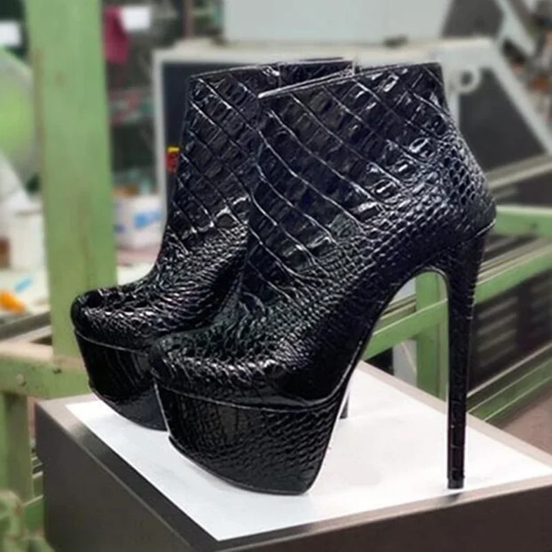 Sexy Snakeskin Printed Ankle Boots Black Python Pattern Leather Super High Platform Stiletto Evening Club Dress Shoes