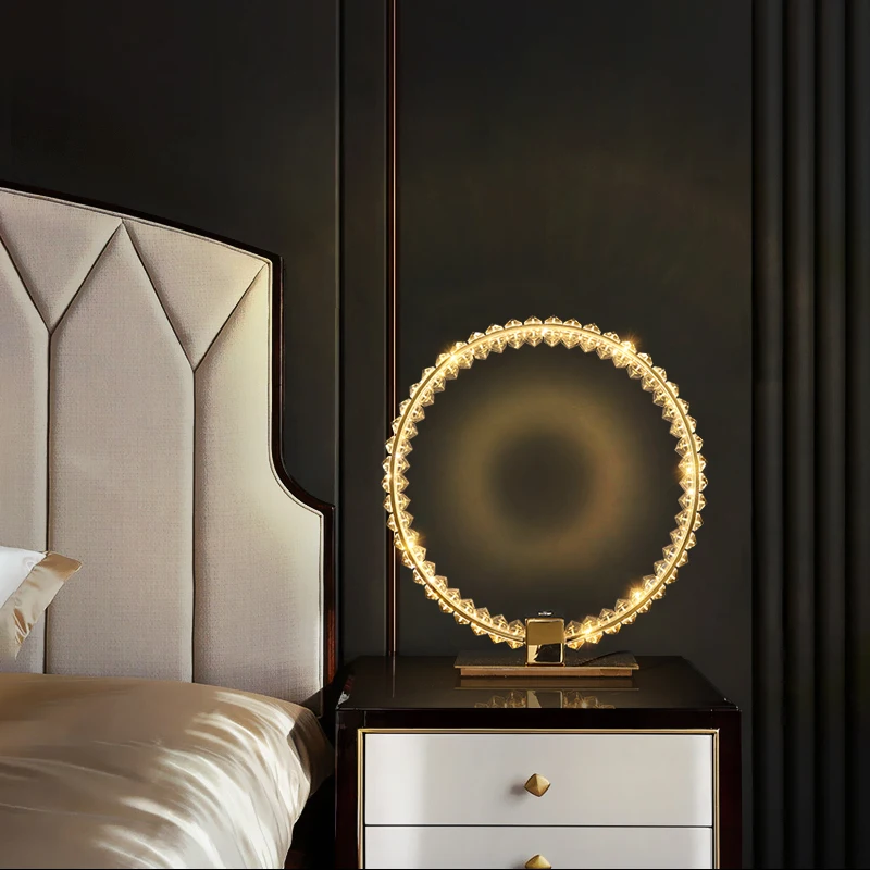 

High Quality Modern Circle Ring Design Table Lamp Gold Chrome Color Stainless Steel k9 Crystal Bedside Table Lamp