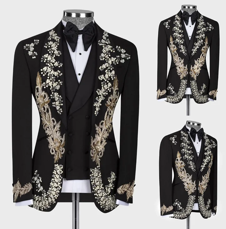 

Luxury Wedding Tuxedos Appliques Pearls One Button Men Suit Shawl Lapel 3 Piece Set Jacket Vest Pants Groom Blazers Customized