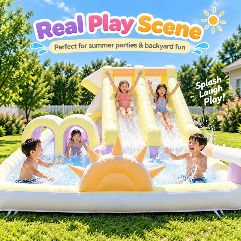 Pastel Inflatable Obstacle Course Water Slide Park Double Lane Splash Pool Outdoor  for Kids Backyard Party Rental Business