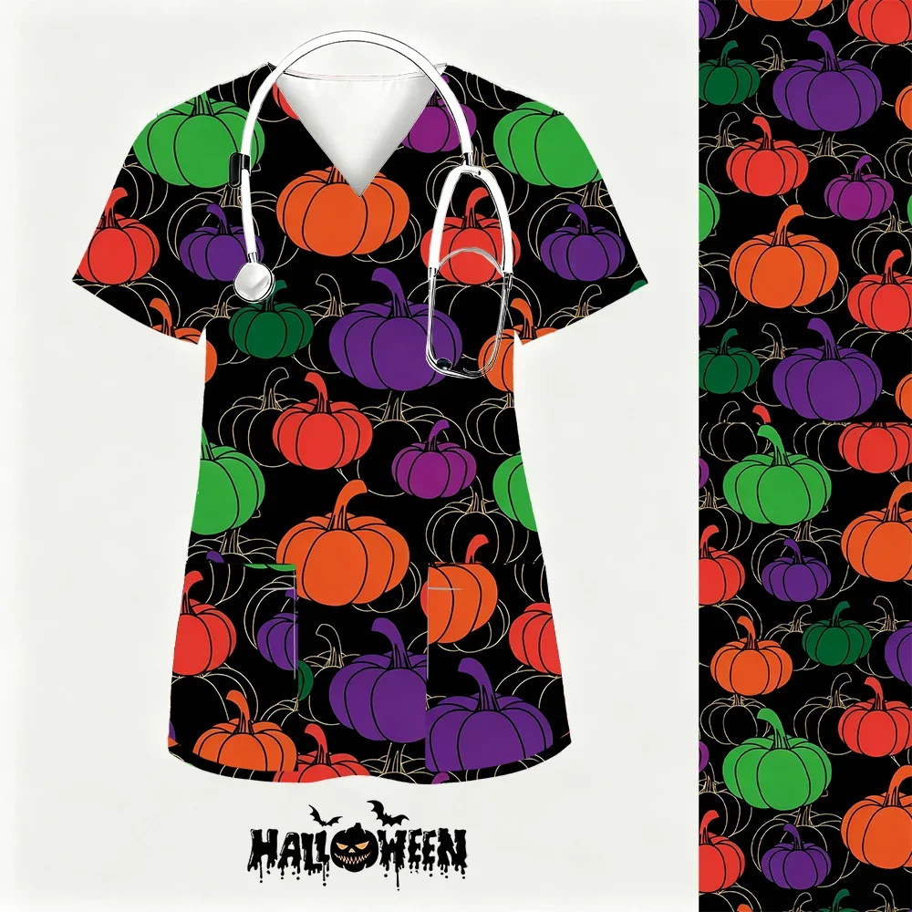 ชุดยูนิฟอร์มพยาบาลลายฮาโลวีน ผู้หญิง ลายฟักทอง ผี พิมพ์ลาย 3 มิติ ชุดลำลองฤดูร้อน คอวี มีกระเป๋า แฟชั่นพยาบาล แขนสั้น