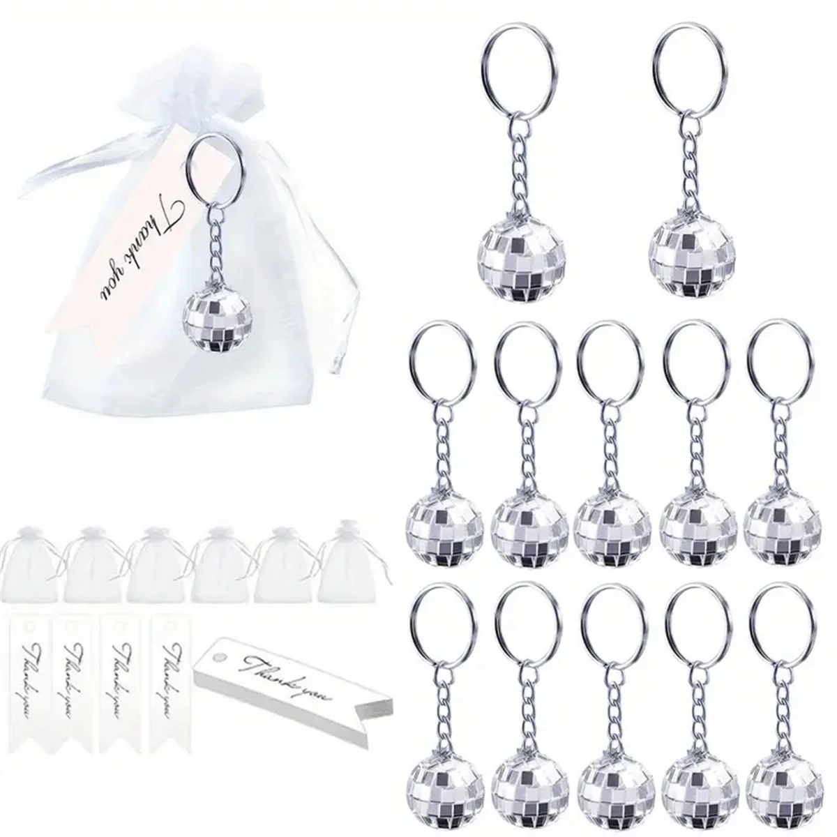 12 Pcs Mirror Disco Ball Keychain with Drawstring Sheer Organza Bags Thank You Tags 70s Accessories Disco Party Favor