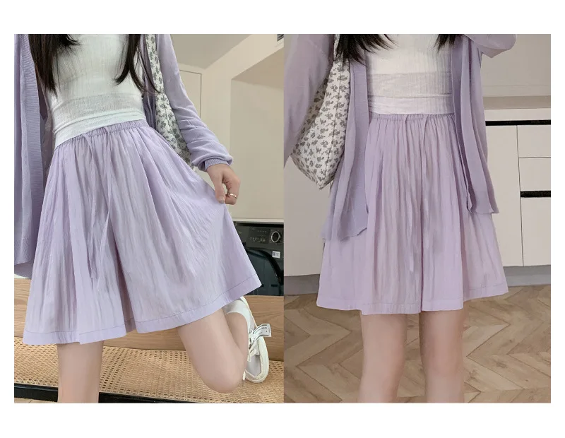 Solid Color Casual Summer Shorts for Women Thin Breathable Elastic Waist Shorts Woman Vacation Loose Wide Leg Shorts Beach Pants