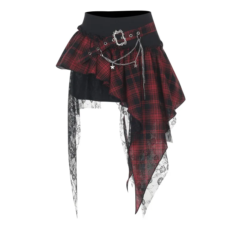 Gothic Red And Bla Plaid Lace Splicing Ort Rock Punk Sle Konzert Outfit Y2K Top Polyester Material Midi f Rock