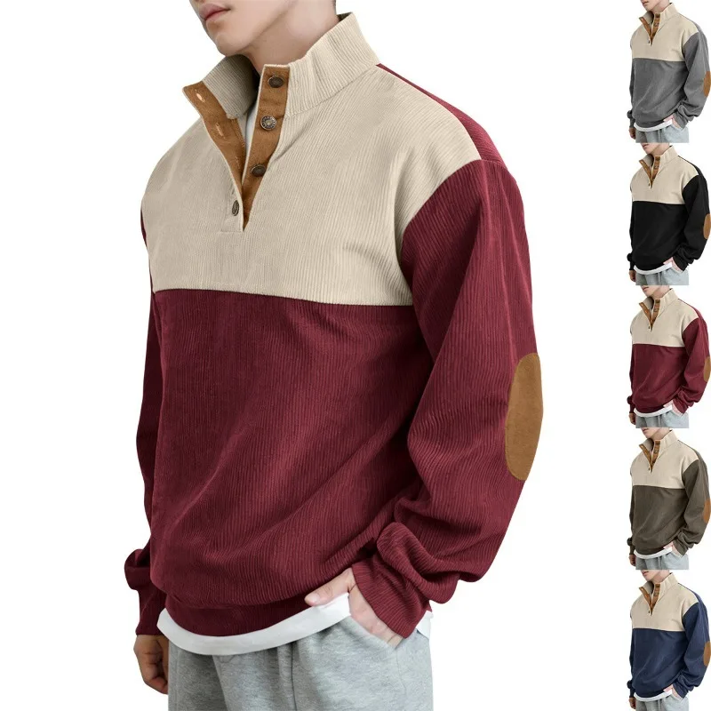 Men's Cargo Sweatshirt American Splicing Patch Stand Collar Button Pullover Micro Elastic Fabric Corduroy Casual Sweatshirts