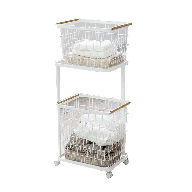 

Double Layer Cloth Storage Baskets Rack Bathroom Floor Stand Clothing Storage Sundries Iron Laundry Basket Storage with Wheel