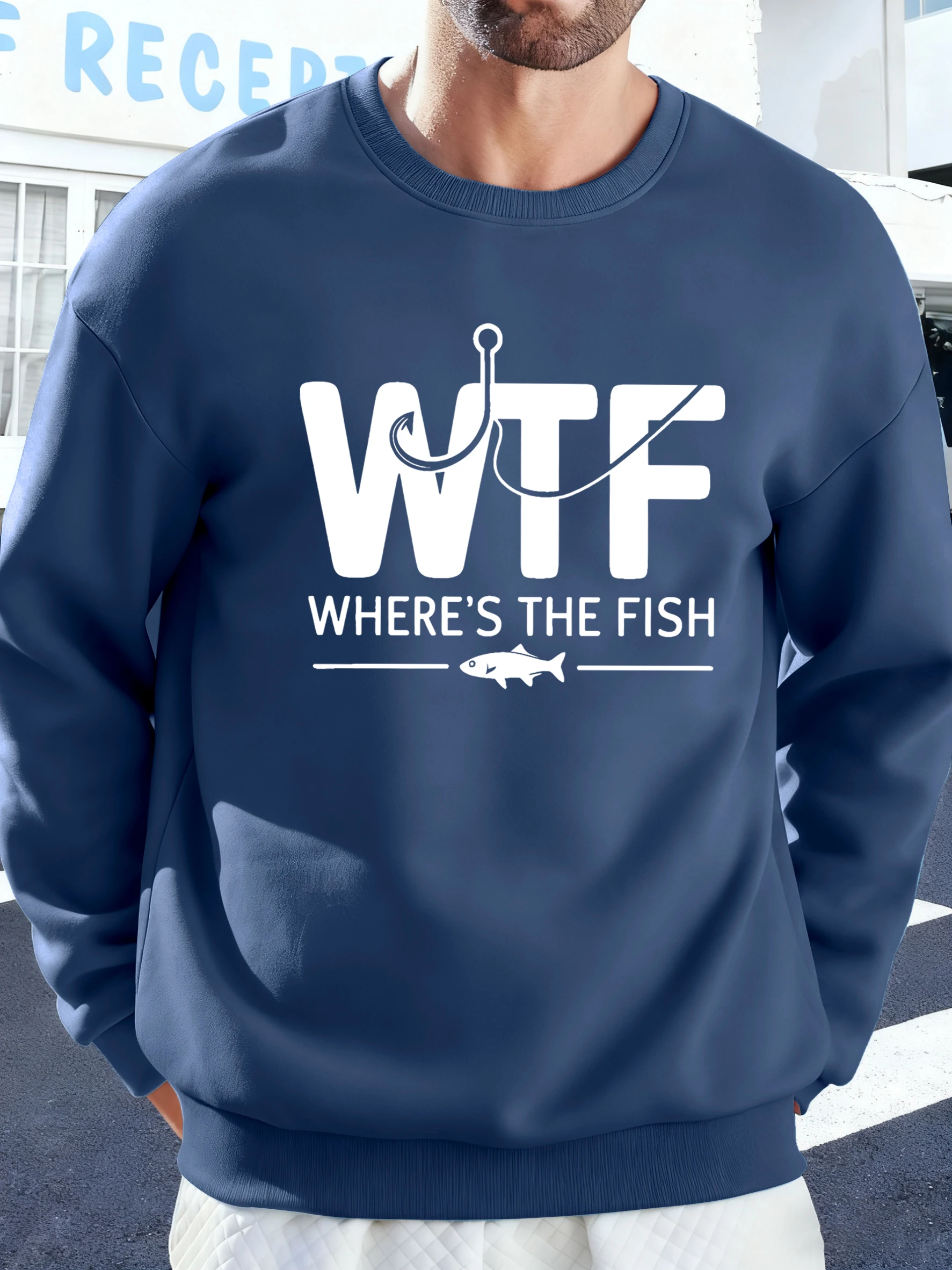 Where's The Fish Print Herbst-Fleece-Tops für Herren, Rundhalsausschnitt, modische Sportbekleidung, bequemes All-Match-Sweatshirt, sportlicher warmer Kapuzenpullover