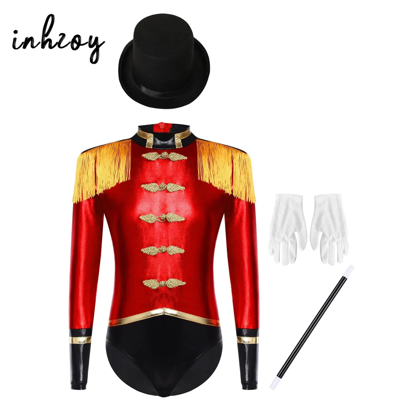 

Girls Ringmaster Circus Costume Halloween Dance Outfit Metallic Tassel Long Sleeve Ballet Bodysuit Headband Circus Show Cosplay