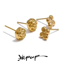 Yhpup Popular Stainless Steel Rose Flower Small Stud Earrings for Women 18K Gold PVD Plated Minimalist Charm Jewelry Waterproof