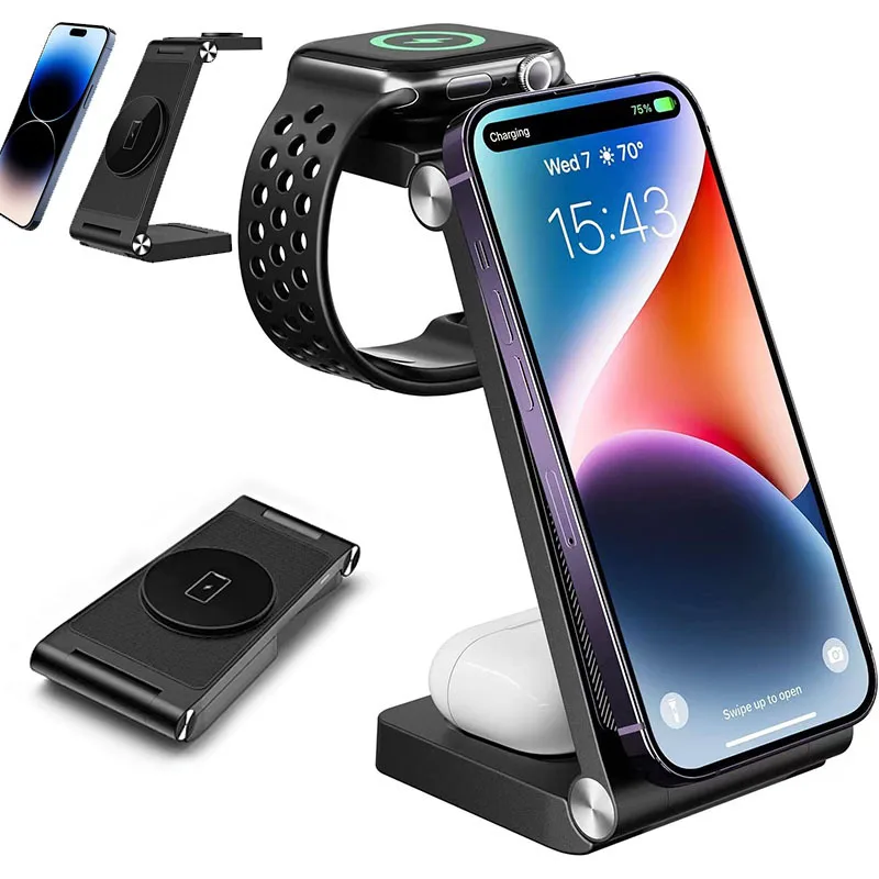 Wireless 15W Fast Charging Station for iPhone 17/16/15,Qi2 with Magsafe,3 in 1 Magnetic Charger Stand for iWatch,AirPods 4