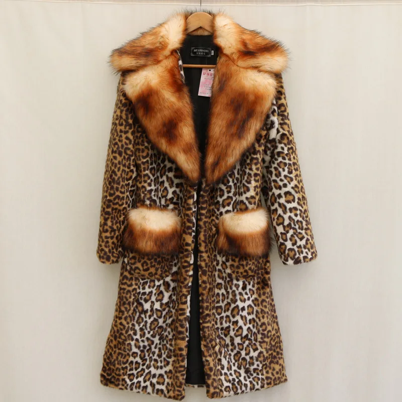 

Autumn Winter Women's High Quality Leopard Print Mink Coat Fashion Turn Down Collar Long Thicken Warm Trench Coat Faux Fur Coats
