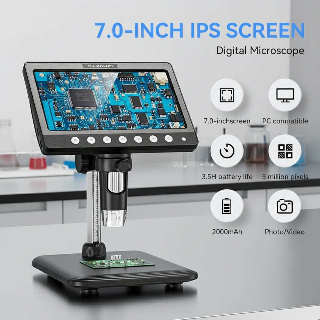 

7 Inch IPS Digital Coin Microscope 5MP 50X-1200X Magnifier with Stand Soldering Video Microscope for Electronics Repair 8 LEDS