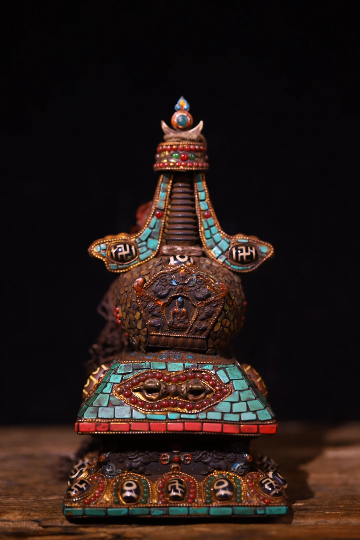 Old Lima Copper Mosaic Gem gZi Beads Turquoise prayer flag Shakyamuni Buddhist Niche Buddha Terrace Amitabha Worship Hall