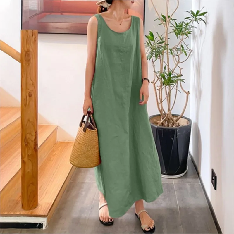 

Summer New Cotton And Linen Loose Pocket Round Neck Sleeveless Yellow Dress For Women's Casual Solid Color Large Swing Dress