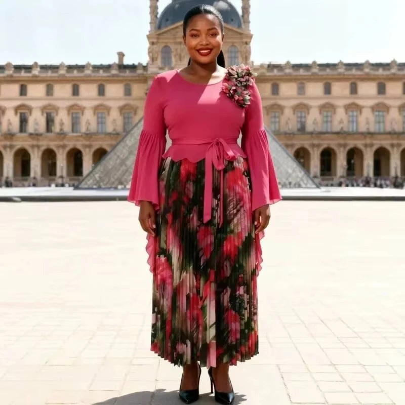 ANLAN Floral Print Women's Pleated Dress New Three-Dimensional Round Collar Flare Sleeve Colorblock Design Dresses 8AN5916