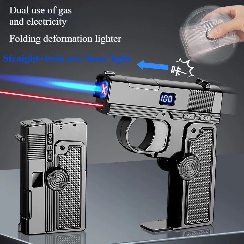 2026 Windproof Gas Electric Dual Use Laser Lighter Metal Inflatable Multifunctional Folding Rotary Lighter Men's Smoking Gift