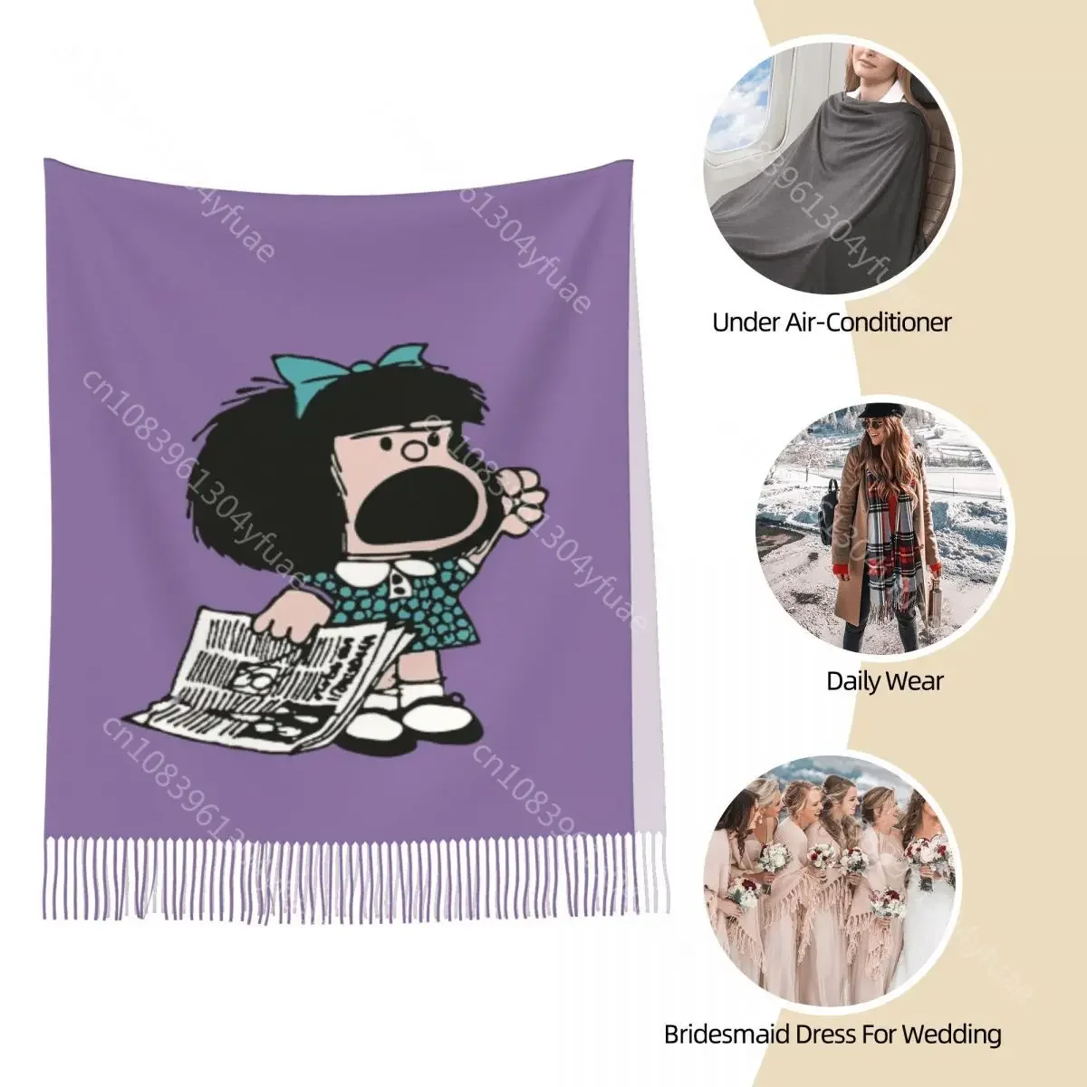 Mafalda Protestando Cachecol para Mulheres, Xales e Envoltório de Inverno Quente, Bonito Desenhos Animados Kawaii, Xale Longo, Roupa Diária