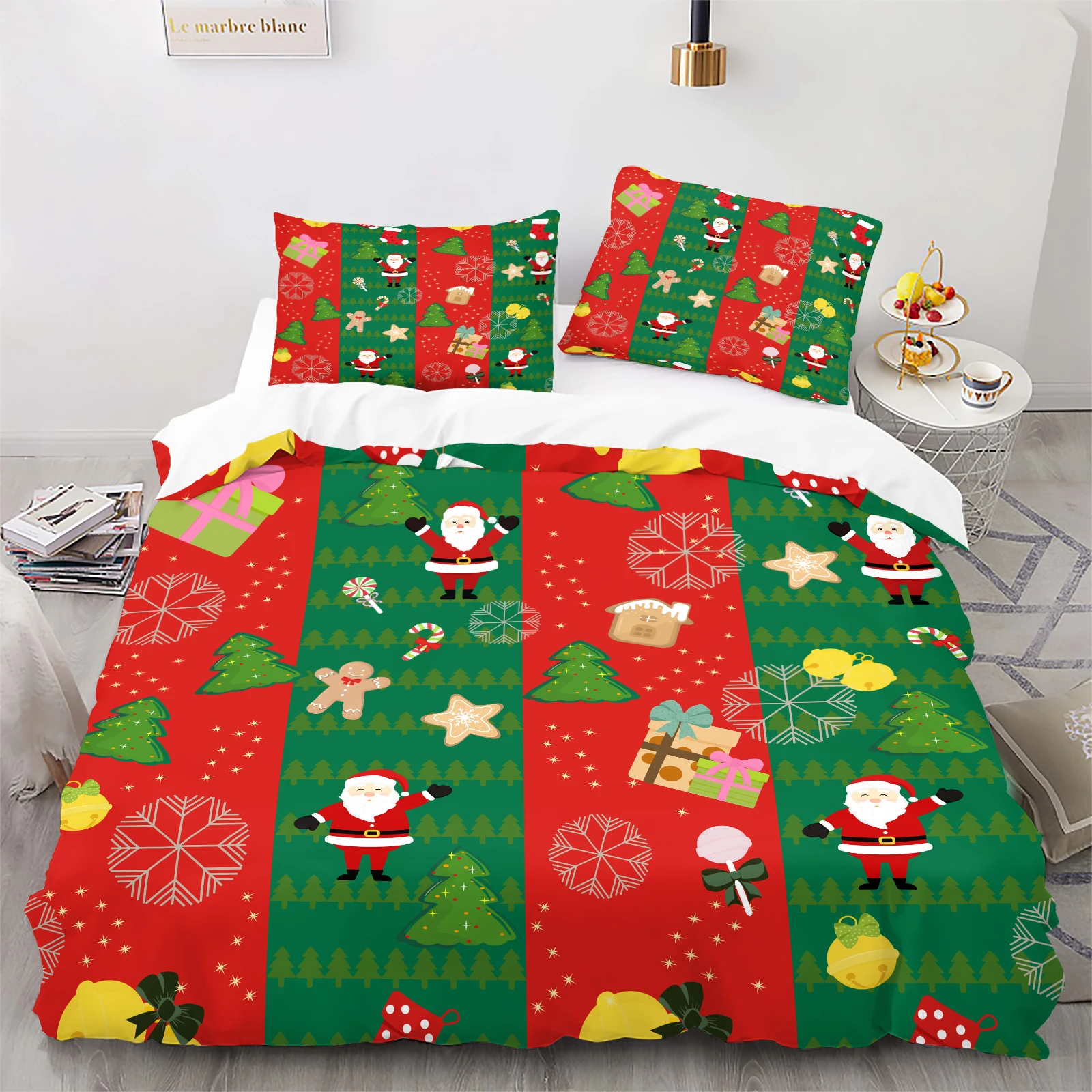 Vibrant Retro Christmas Stripe Duvet Set with Santa & Trees. Cozy Festive Holiday Bedding