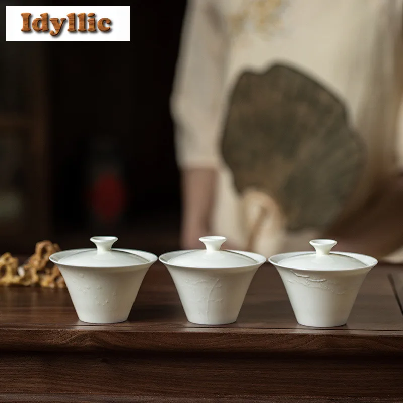 

100ml Handmade Ivory White Relief Bamboo Hat Gaiwan Antique Tea Tureen Tea Bowl With Lid Kit Tea Making Cover Bowl Teaset Gift