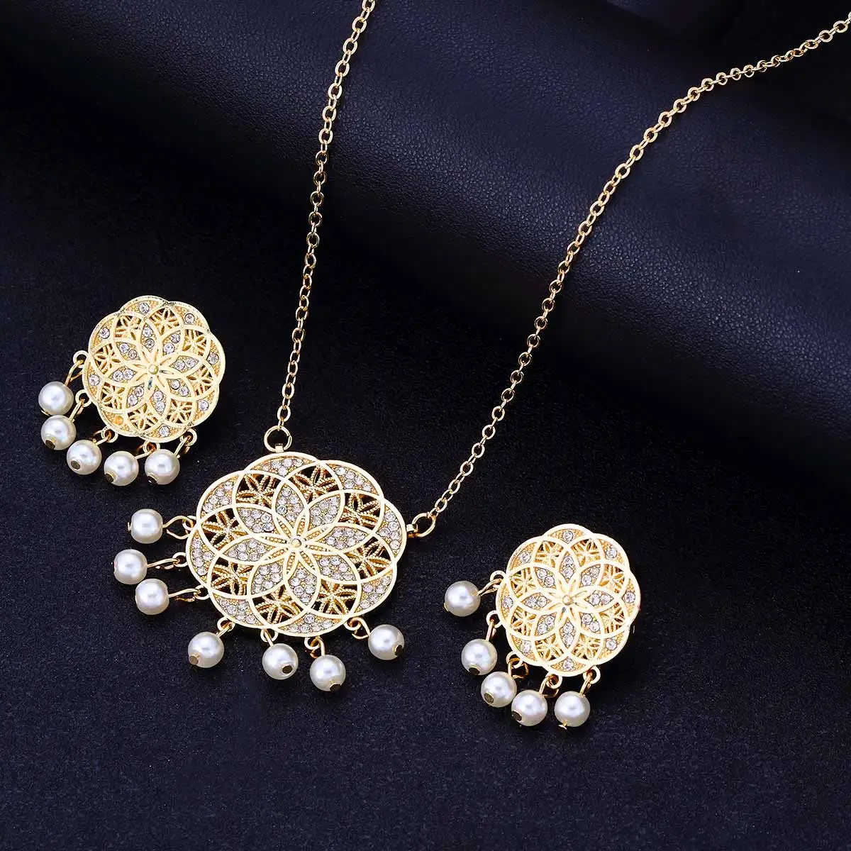 African Beads Jewelry Sets Carve Rhinestone Geometric Statement Necklace Earrings Set Classic Indian Crystal Bridal Jewelry Set