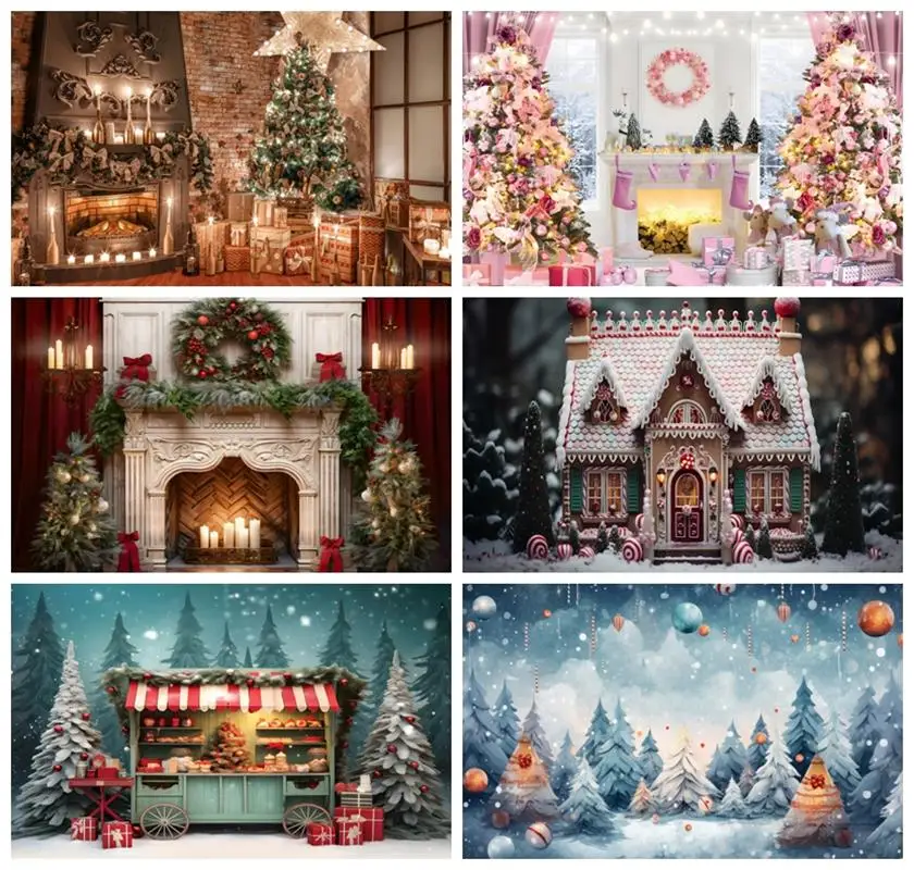 Laeacco Christmas Fireplace Backdrop Interior Vintage Xmas Tree Candle Retro Gift Festival Party Portrait Photography Background