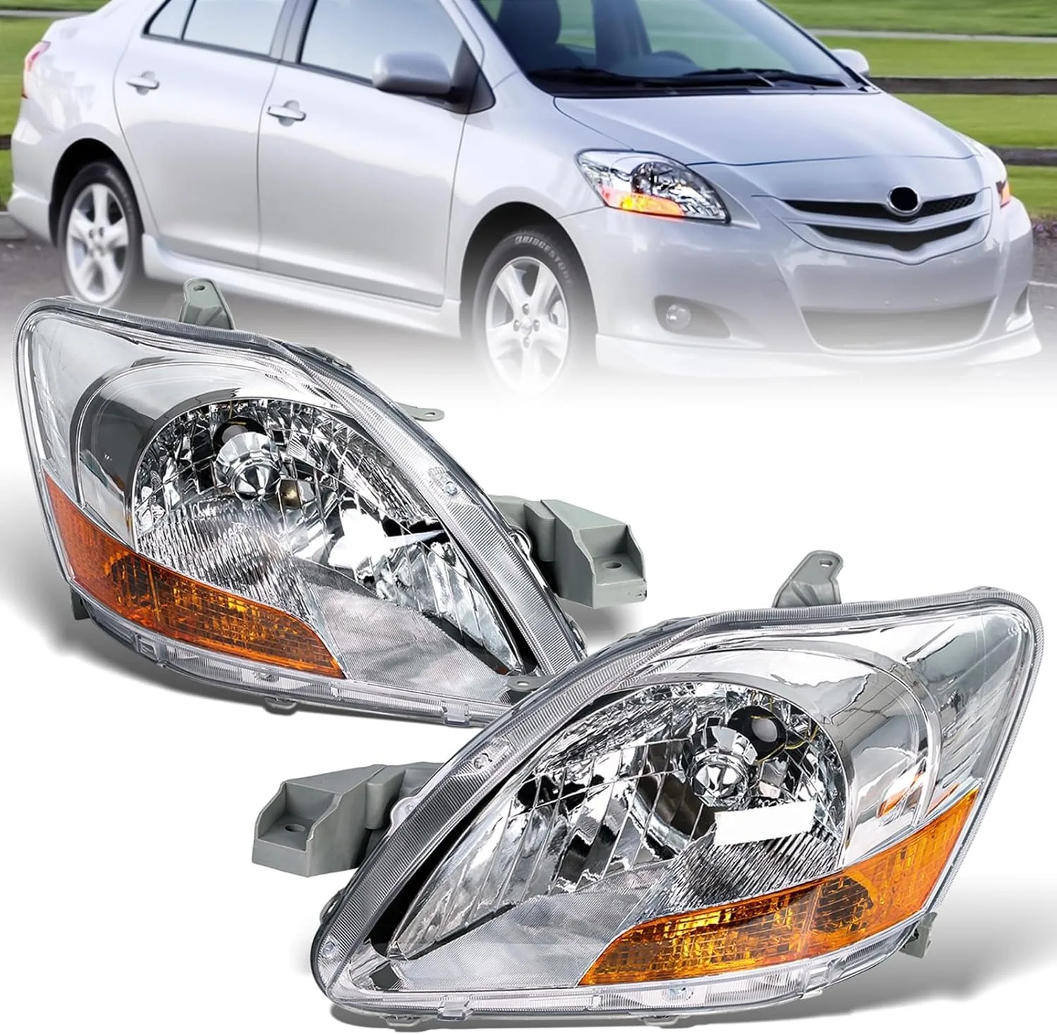 

Для Toyota Yaris Sedan 2007, 2008, 2009, 2010, 2011, передний бампер, фара, фара дальнего света, указатель поворота