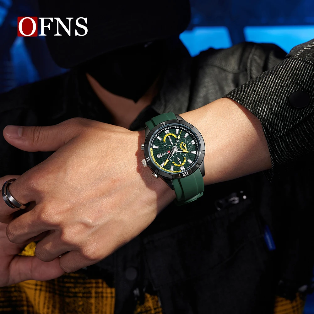 OFNS 8039 Orologio al quarzo da uomo nuovo alla moda Sport Calendario impermeabile Luce notturna Orologio al quarzo da uomo con ago a tre occhi